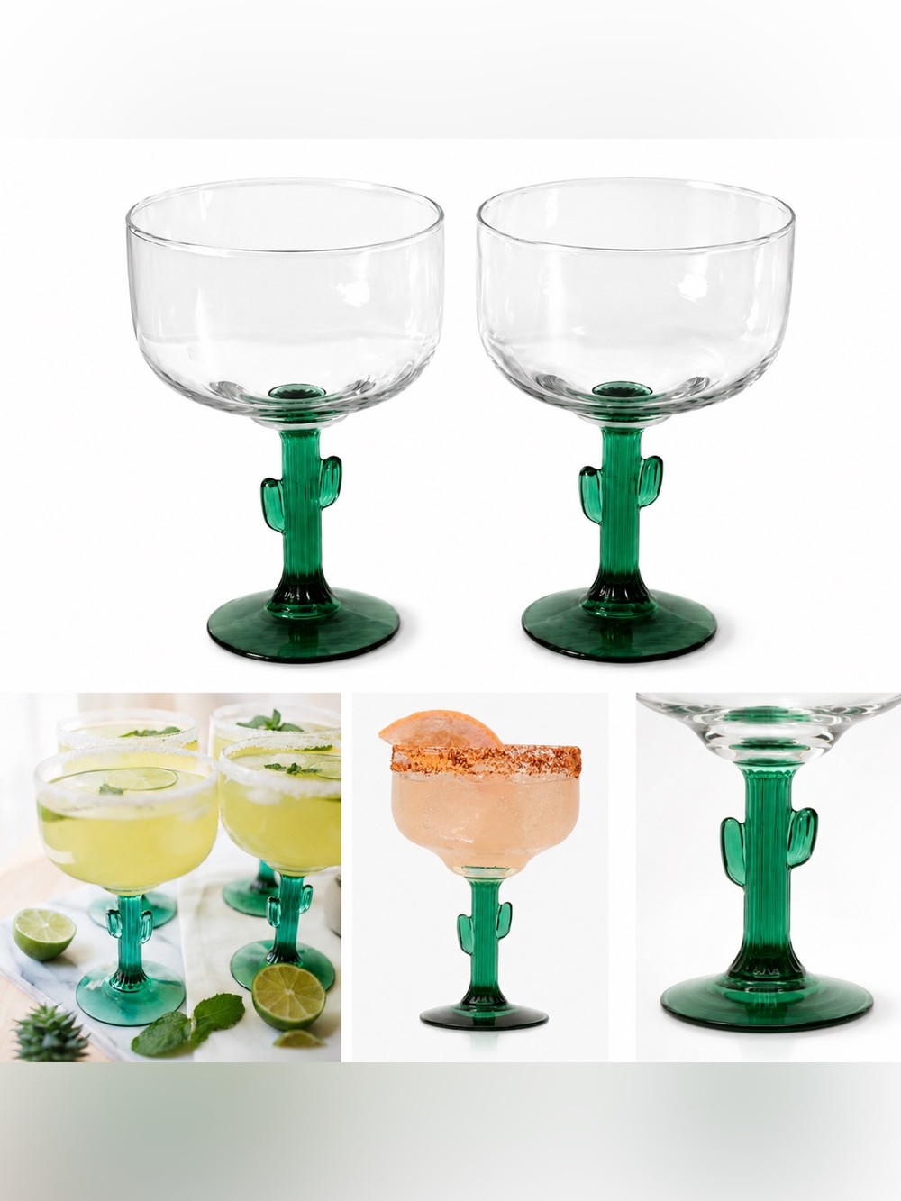Vintage Libbey Cactus Margarita Glasses Set of 2 16 oz Green Stem Coupe Glasses